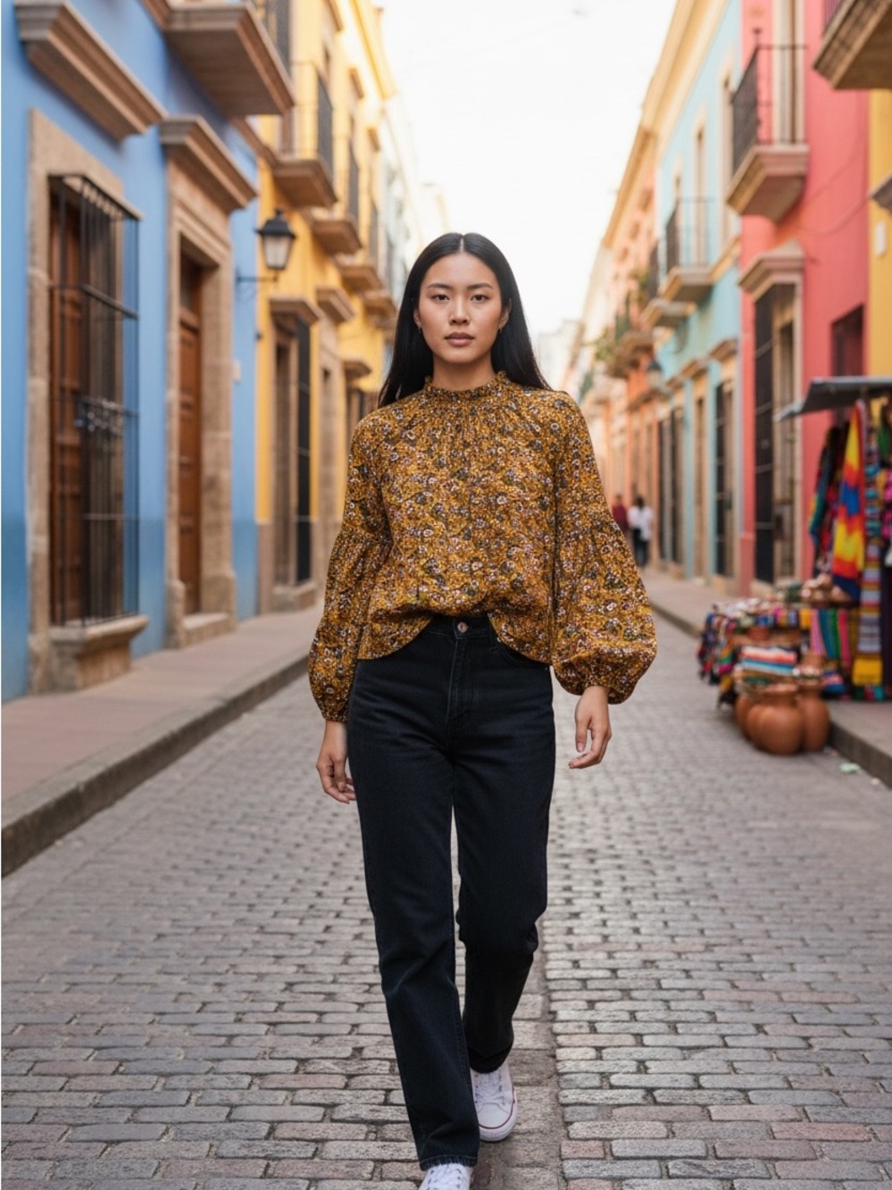 JODIFL Mustard Floral Long-Sleeve Smocked Neck Blouse